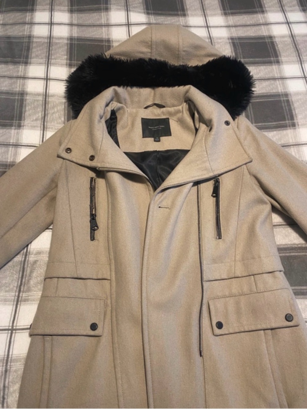 Marc Jacobs Taupe Trench Coat with Black Faux-Fur Hood Trim